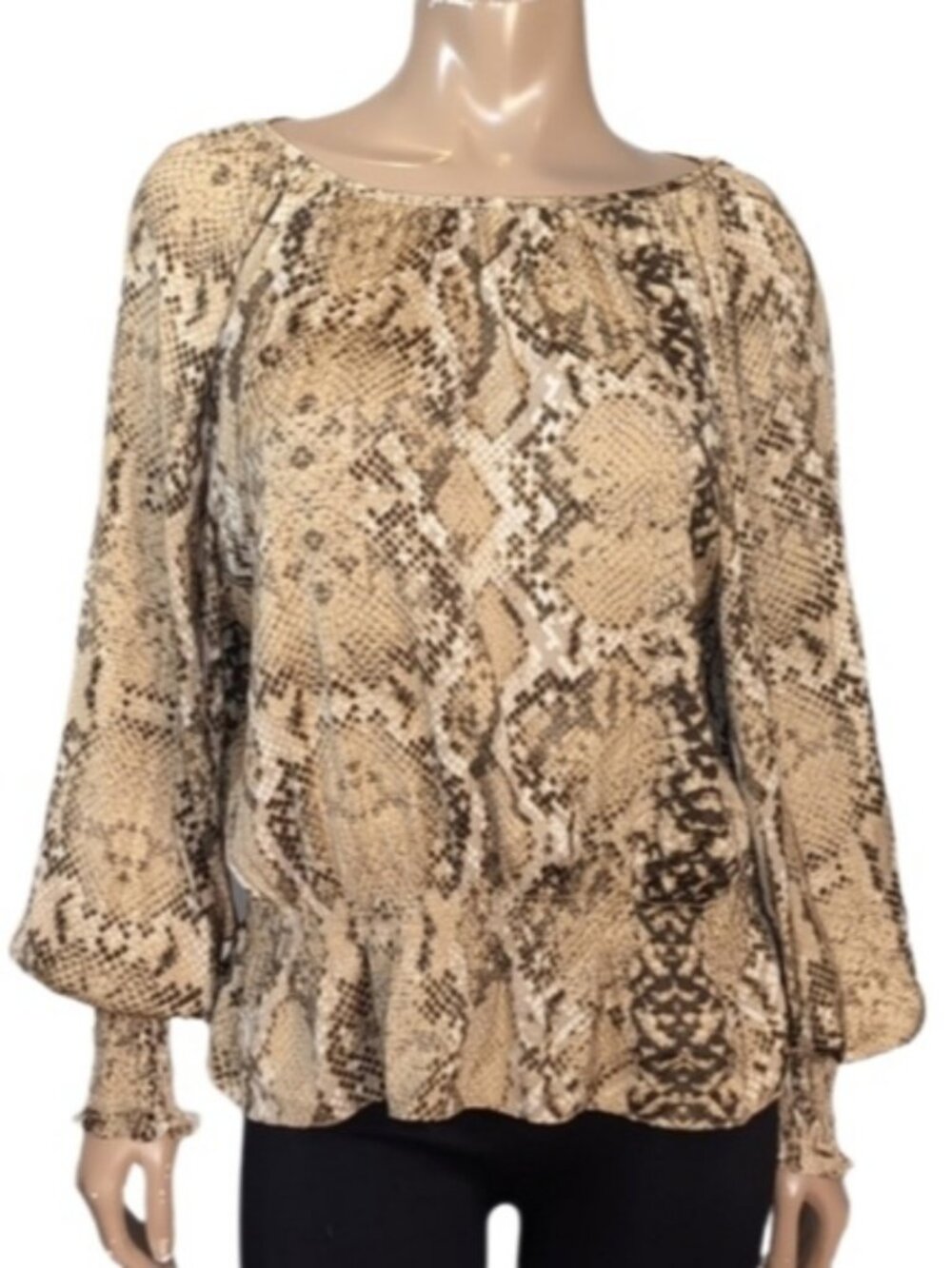 H&M Snake Print Top Womens Size 10 Brown Python Long Sleeve Peplum Blouse